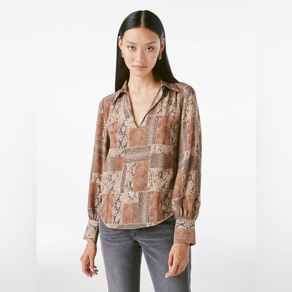 FRAME Willa Snakeskin Print Silk Crepe De Chine Blouse Sepia Multi Brown Large - Picture 1 of 15